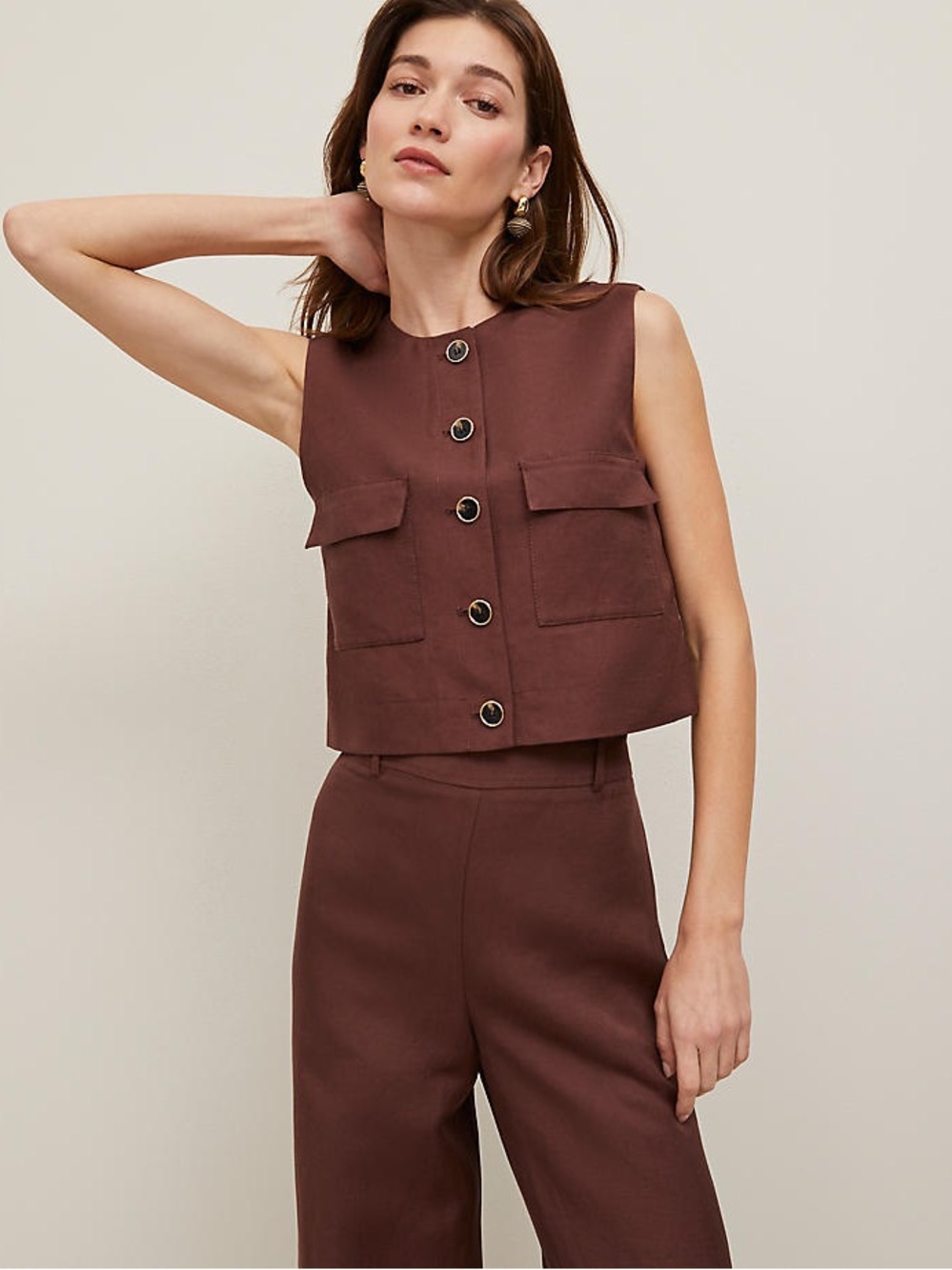 Ann Taylor Linen Brown Sleeveless Button Front Cropped Vest